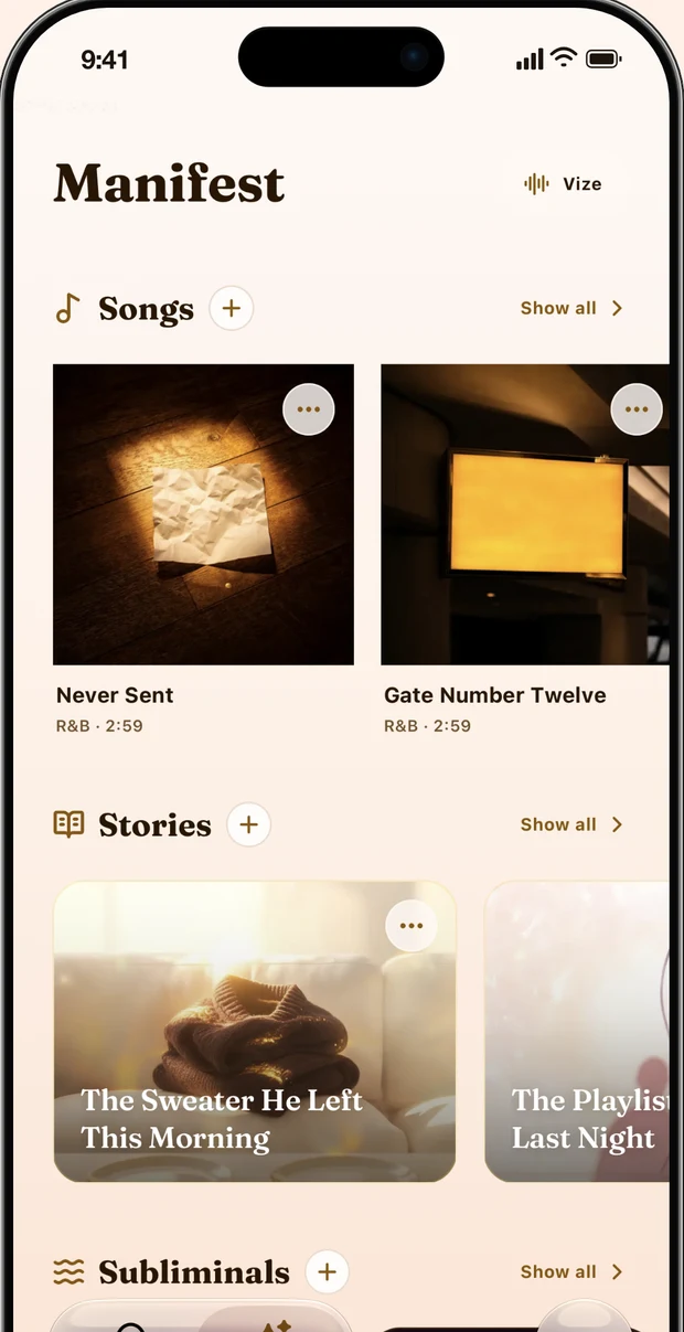 Vize personal library with songs, stories, and subliminals