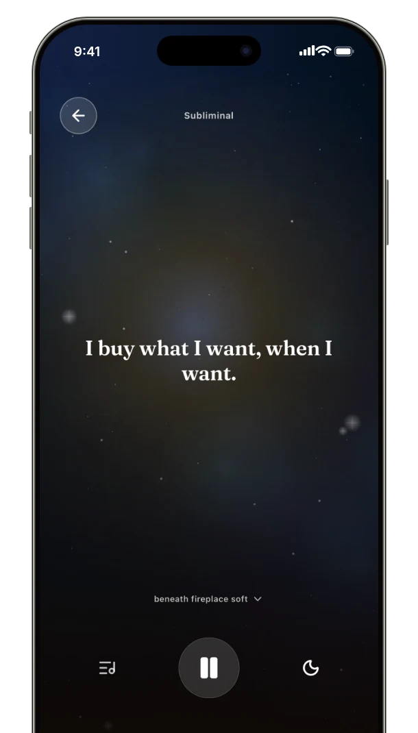 The Vize subliminal player playing the affirmation I buy what I want, when I want, beneath the fireplace soft soundscape