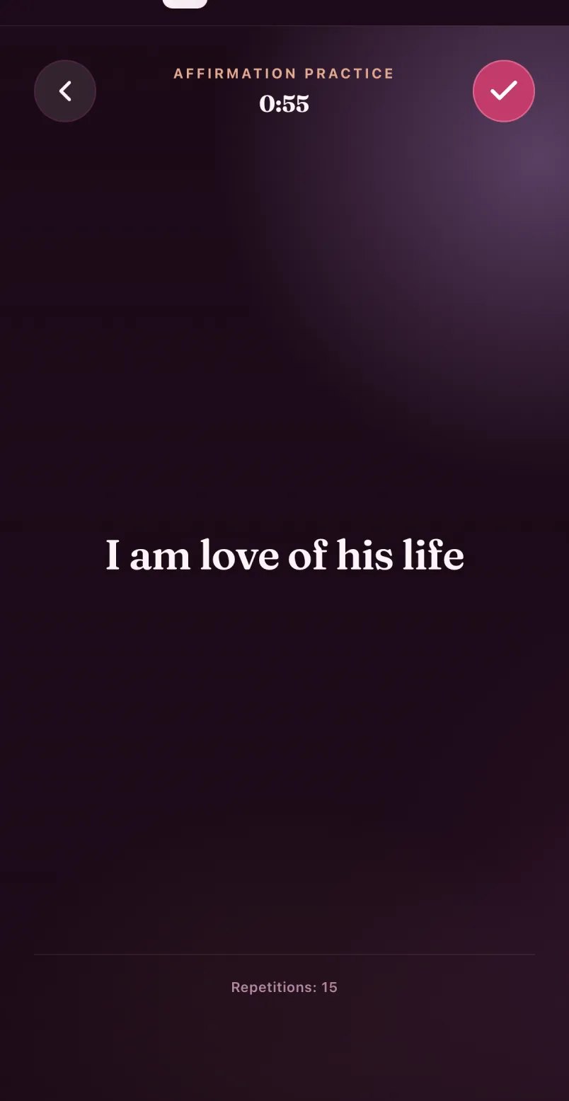 Affirmation practice screen with a timer and a first-person line.