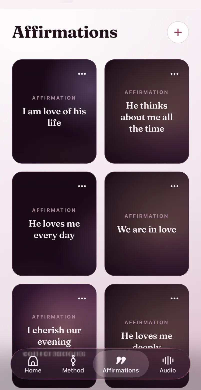 Vize affirmations library with personal cards ready to practice.