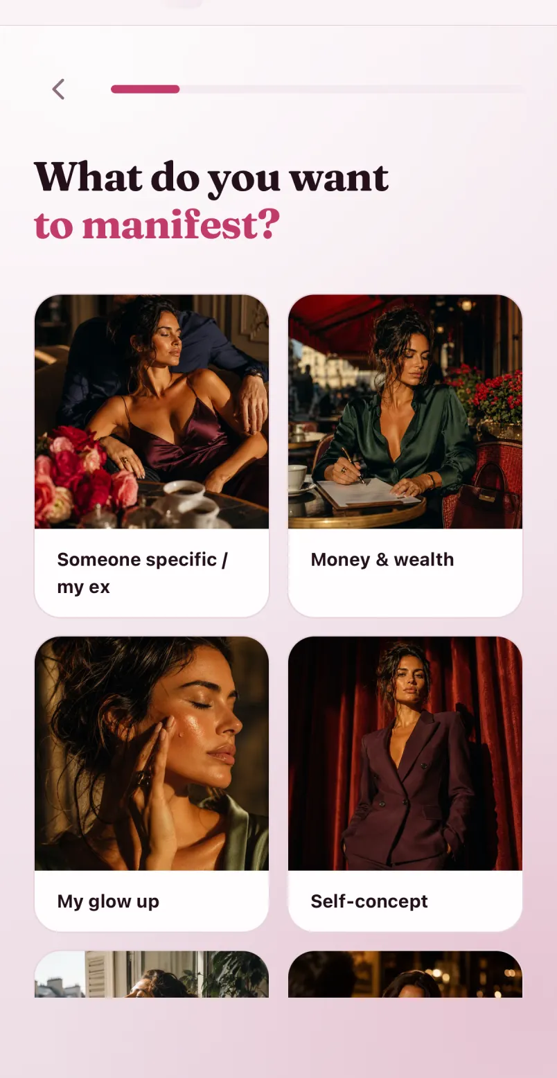 Manifestation picker asking what you want to manifest, with scenes for someone specific, money, glow up, and self-concept.