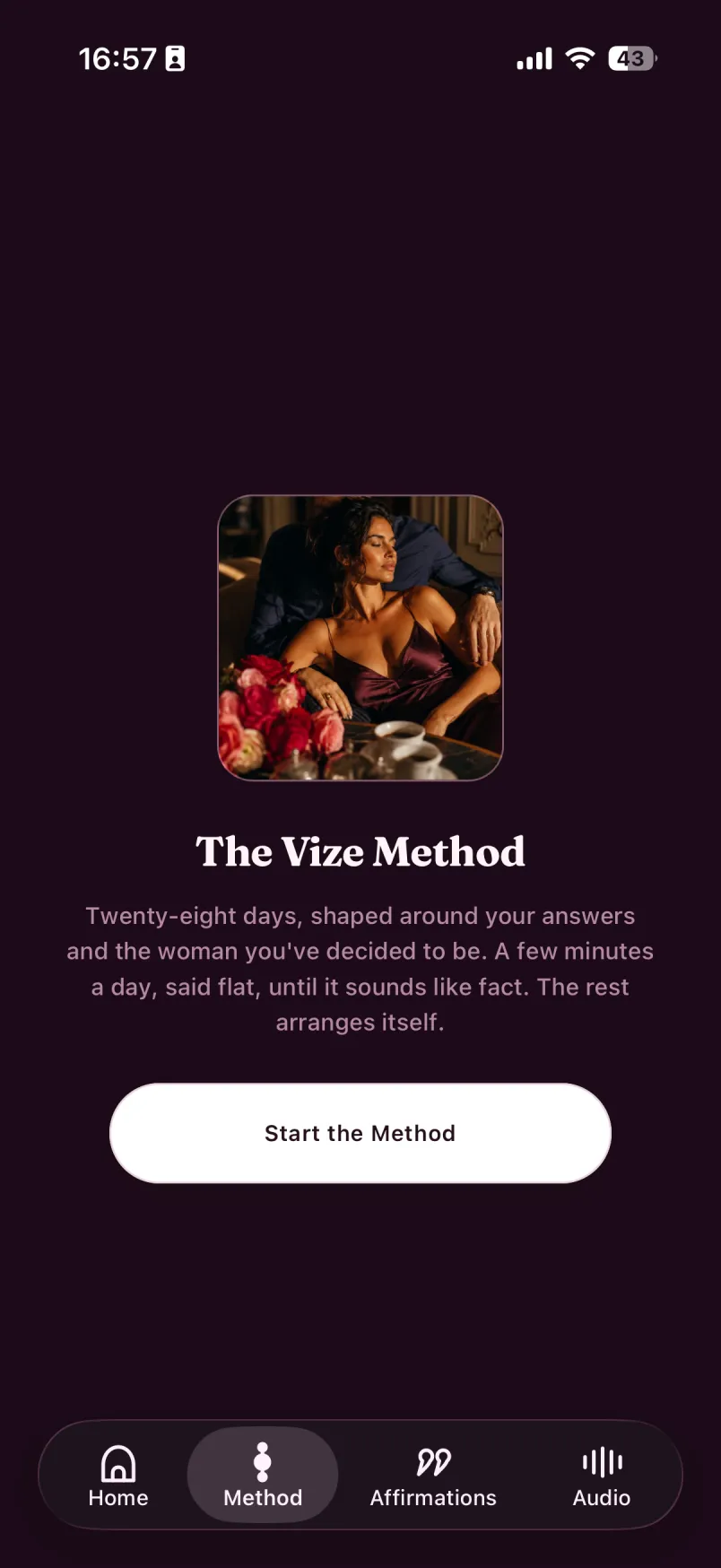The Vize Method start screen: twenty-eight days shaped around your answers.