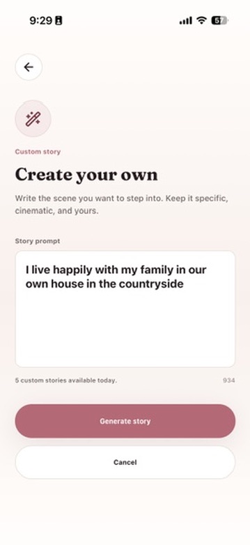 Vize screen for creating a custom future-self story